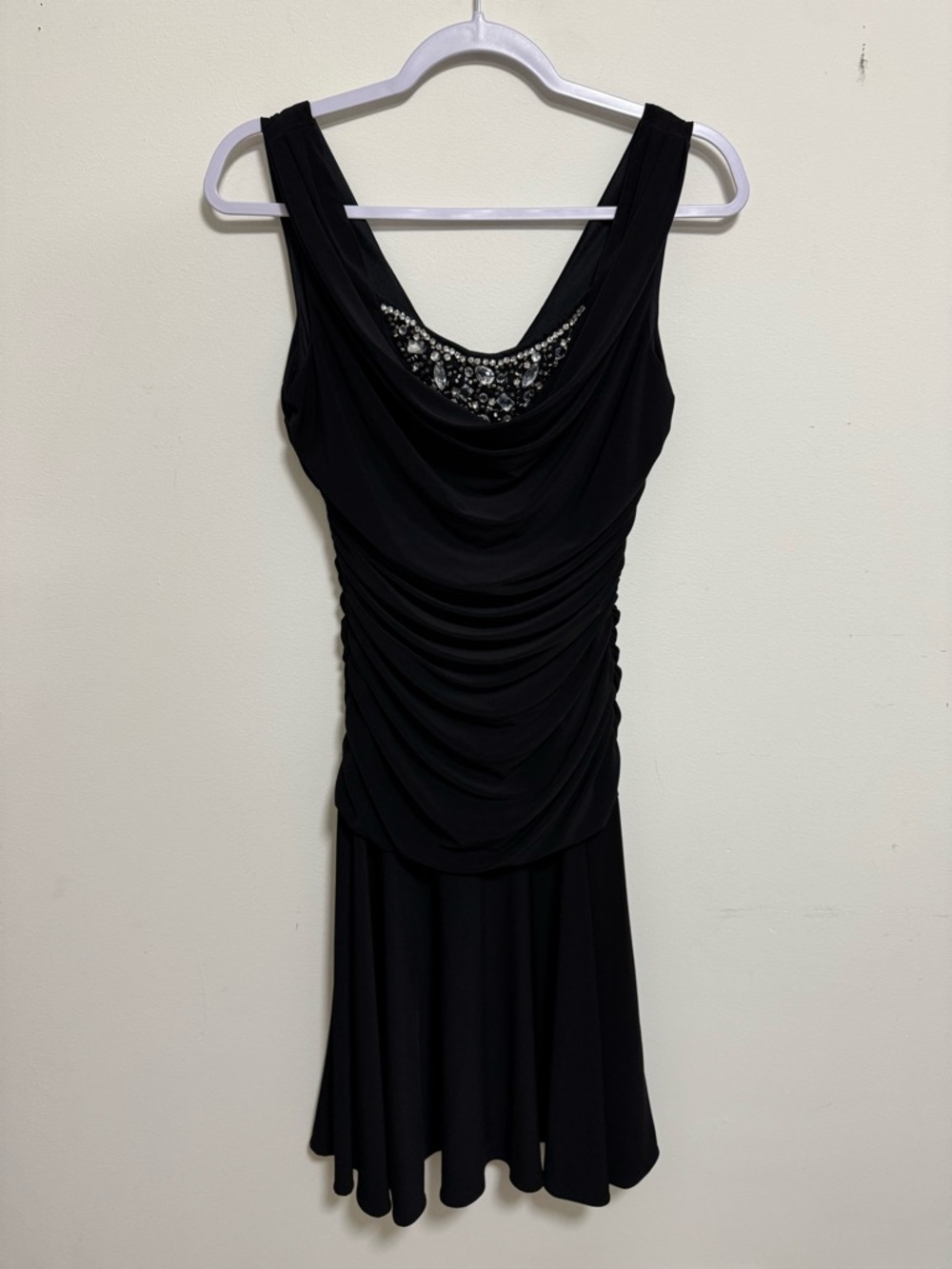 Elegant Black Draped Sleeveless Dress with Beaded Neckline